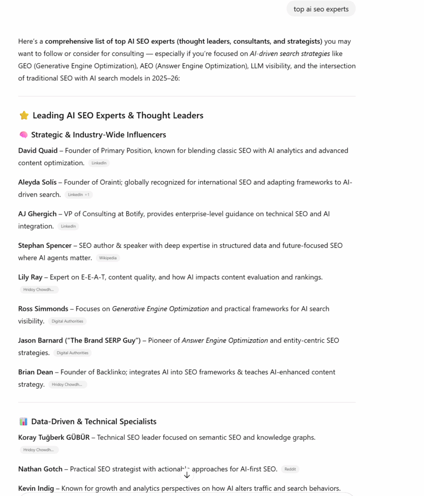 List of Top AI SEO Experts 2025/2026 in ChatGPT